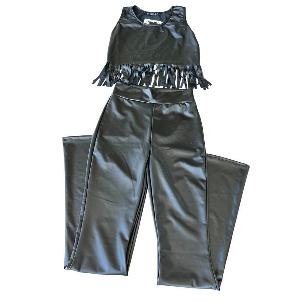 Lucky & Blessed 2 piece set fringed leather look top and bell bottoms, Women's S